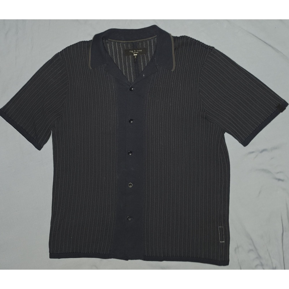 Rag & Bone Shirt Mens Large Blue Short Sleeve Knit Camp Button Up Geometric